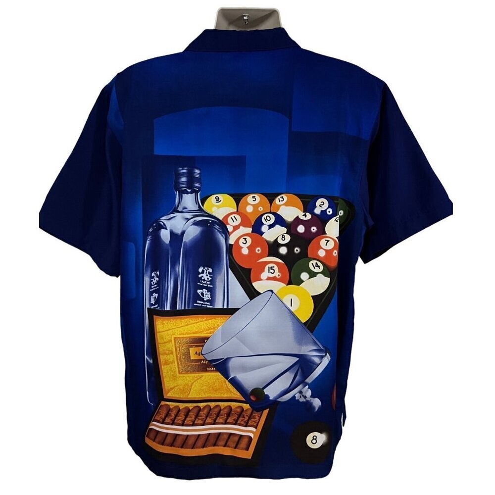 Mens Vintage Blue Graphic Billiards Pool Cocktails Cigars Button Up Shirt Medium